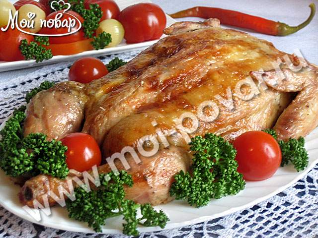 Курица фаршированная блинами с мясом (без костей)